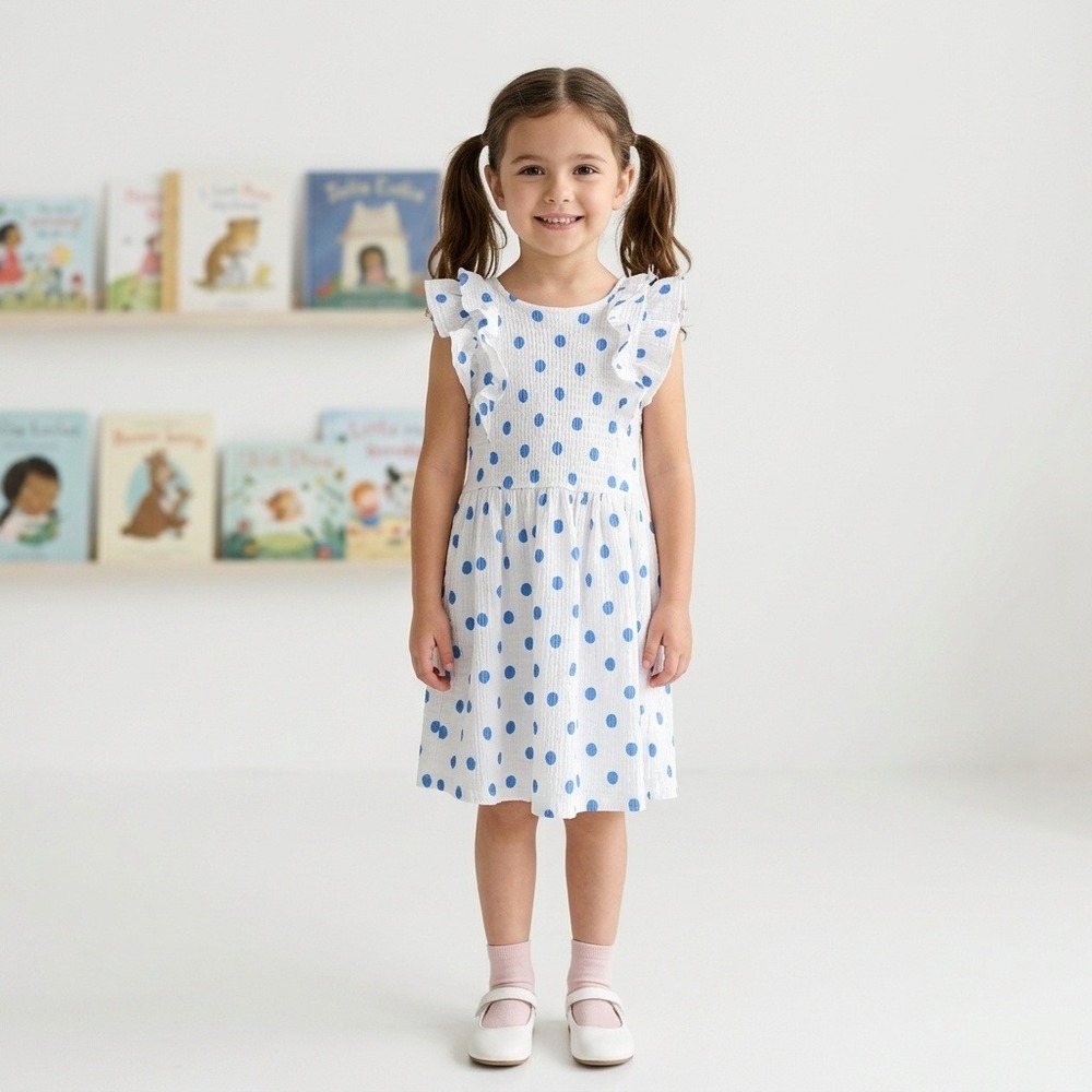 Unbranded Polka Dot Dress Kids Size 6 White Blue Excellent Ruffle Smocked A-Line